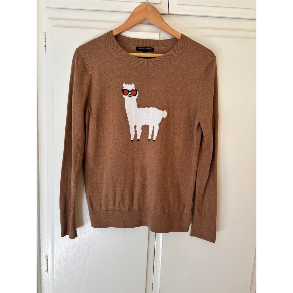 Banana Republic Womens Brown Llama Sunglasses Graphic Crewneck Sweater Size M